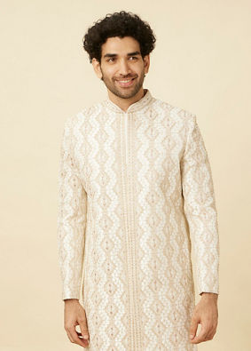 alt message - Manyavar Men Pearled Ivory White Diamond Patterned Sherwani Set image number 0